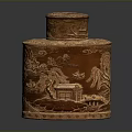 Intricately Carved Brown Container With Landscape Scenery Buildings Detailed Lid And Traditional Artwork