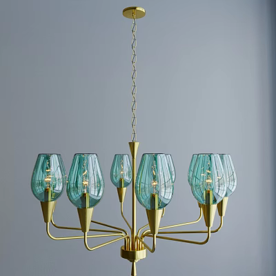 Turquoise Glass Shades Chandelier with Golden Multi Arm Modern Home Design 3d model
