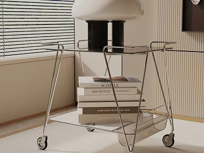 Modern Metal Frame Side Table With Wheels And Stacked Books On Transparent Shelves 3d model