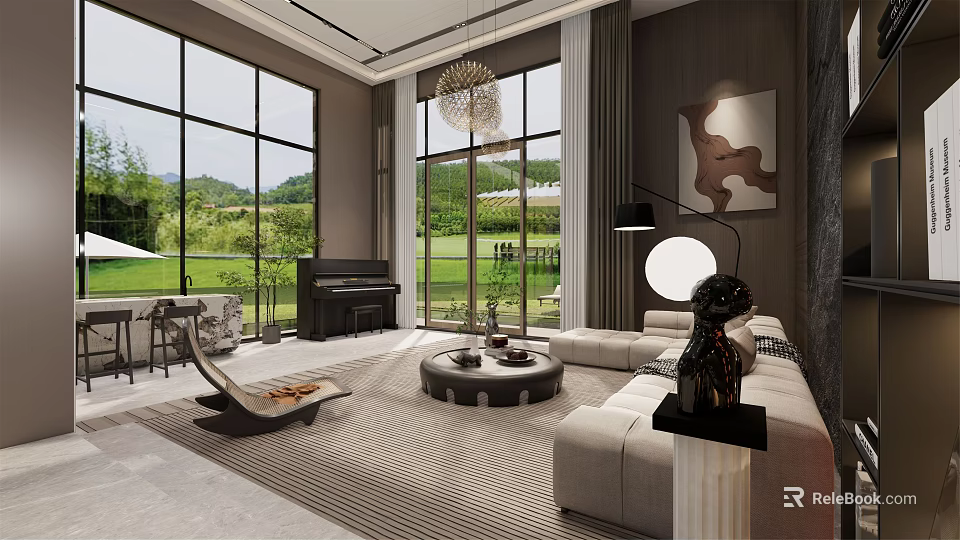 Elegant Duplex Living Room with Large Windows Green View Piano Sofa and Round Coffee Table 3d model 