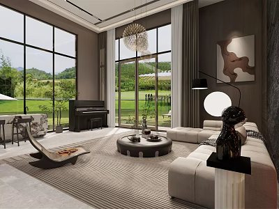 Elegant Duplex Living Room with Large Windows Green View Piano Sofa and Round Coffee Table 3d model