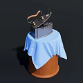 Vintage Kitchen Appliance With Wooden Handle And Metal Body On Wooden Table Covered With Blue Cloth