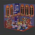 Dollhouse Interior Design With Two Levels Arched Windows Bookshelves And Red Flooring