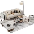 Modern Beige Sofa And Coffee Table Set With Armchair Floor Lamp And Marble Pattern Rug
