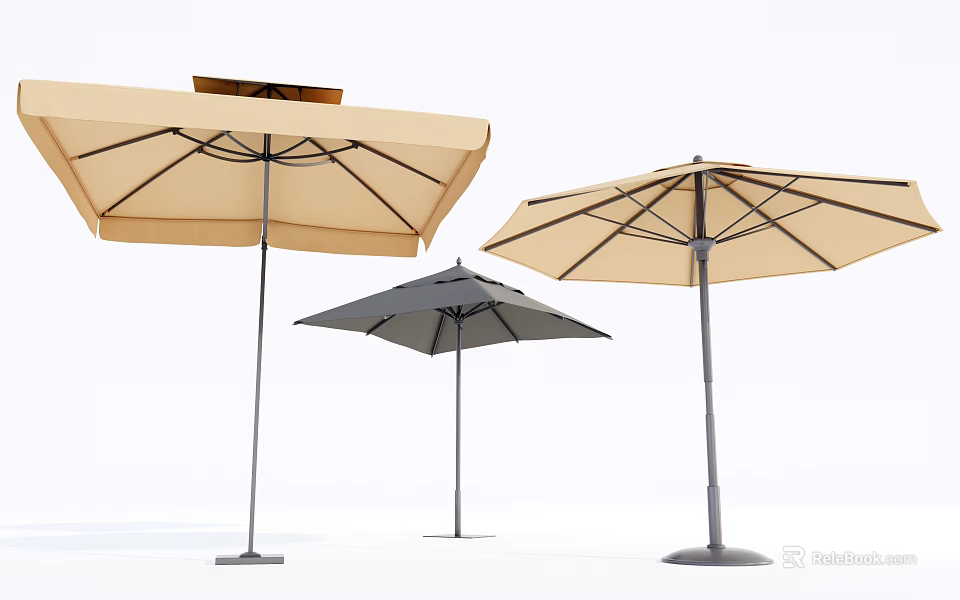 Outdoor Patio Sunshade Umbrellas with Beige and Gray Canopy Metal Frame and Stable Base 3d model 