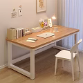 Cozy Study Space With Wooden Desk And White Chair Set Including Laptop Notebook And Lamp