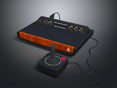 Vintage Intellivision Game Console With Wooden Panel Black Body And Red Button Joystick Controller 3d model