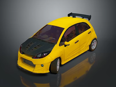 Yellow Sporty Modified Car With Black Hood Rear Spoiler And Racing Wheels 3d model