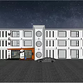 Modern Storefront Facade With White Orange Design Circular Windows Glass Entrance And Black Sports Car