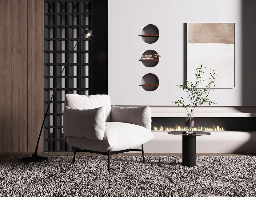 Modern Living Room Interior With White Armchair Side Table Floor Lamp And Wall Decor 3d model 