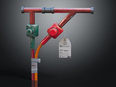 Hardware Tools Pipeline Fittings With Red And Green Knobs And Metal Tag 3d model