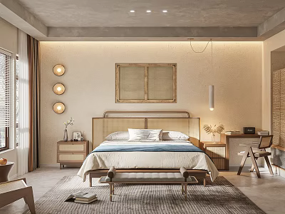 Minimalist Natural Bedroom Interior With Rattan Headboard Two Panel Paintings Nightstand Pendant Light And Rug 3d model