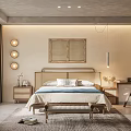 Minimalist Natural Bedroom Interior With Rattan Headboard Two Panel Paintings Nightstand Pendant Light And Rug