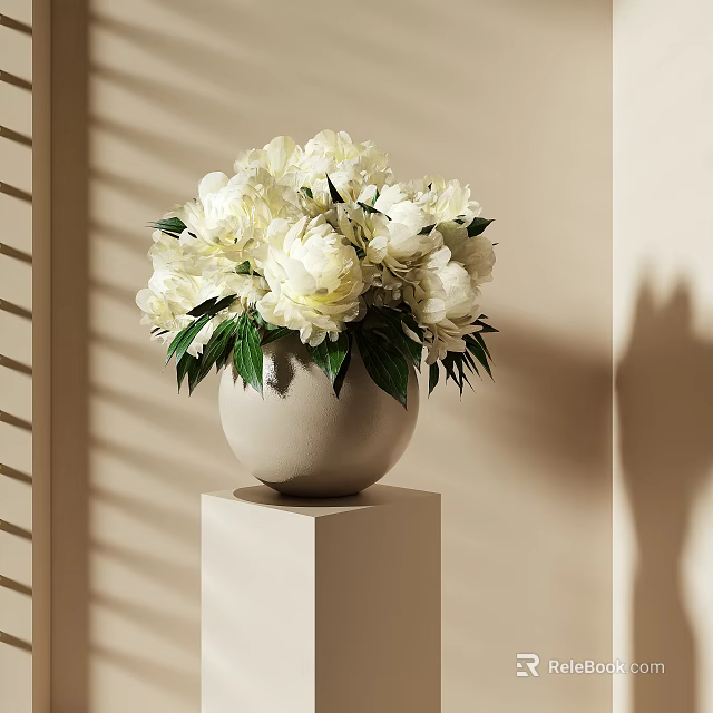 White Peonies In Beige Vase On White Cube Pedestal With Sunlight Shadows 3d model 