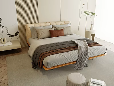Double Bed With Light Headboard Multicolored Pillows Striped Gray Throw On Wooden Floor Light Rug Small Side Table Green Plant 3d model