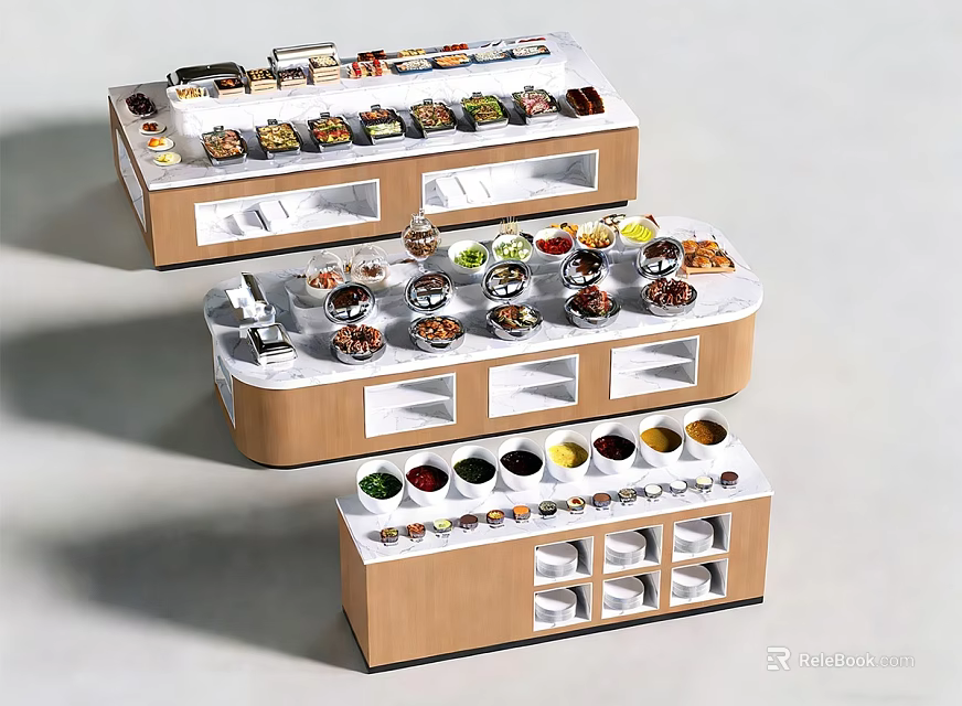 Wooden Multi Tiered Buffet Bar With Food Display And Condiment Containers 3d model 