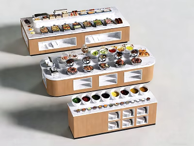 Wooden Multi Tiered Buffet Bar With Food Display And Condiment Containers 3d model