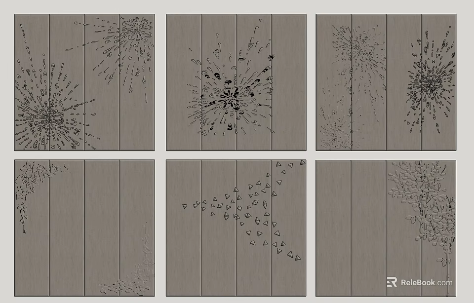 Various Abstract Pattern Upholstery Designs On Gray Wooden Panels 3d model 