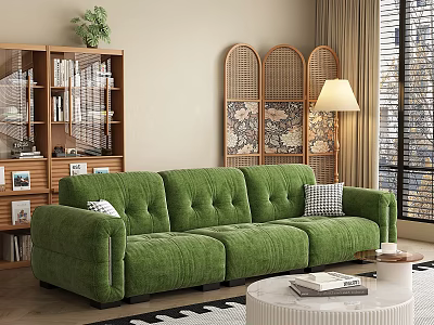 Cozy Green Velvet Multi-seat Sofa with Decorative Pillows Rattan Screen and Wooden Bookshelf 3d model