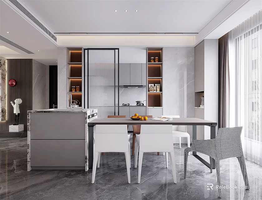 Modern Restaurant Interior With Dining Table Chairs Open Kitchen And Minimalist Cabinetry 3d model