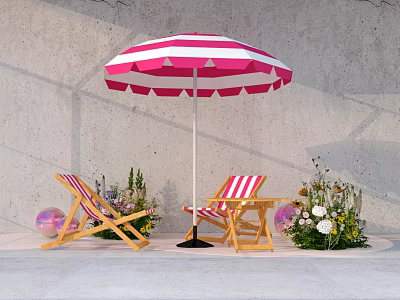 Vibrant Photo Spot With Pink White Striped Umbrella Striped Deck Chairs And Flower Arrangements 3d model