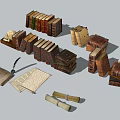Vintage Collection Of Old Books Scrolls And Stacked Volumes With Open Pages