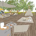 Scenic Wooden Deck With Palm Trees Camper Van Ponies Tables Chairs And Grass Surroundings