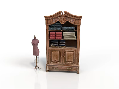 Classical Wooden Wardrobe With Carved Details And Multiple Shelves Holding Folded Clothes And Shoes 3d model