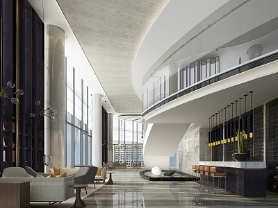 Hotel Public Lounge Area With Modern Design Comfortable Sofas Stylish Pendant Lights And Large Windows 3d model
