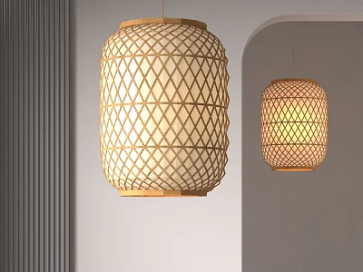 Bamboo Woven Lanterns With Diamond Pattern Cream White Shade And Wooden Frame In Modern Interior 3d model