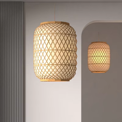 Bamboo Woven Lanterns With Diamond Pattern Cream White Shade And Wooden Frame In Modern Interior 3d model