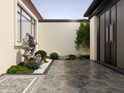 Serene Courtyard Garden With Rockery Bamboo Shrubs White Walls Black Doors And Stone Pavement 3d model
