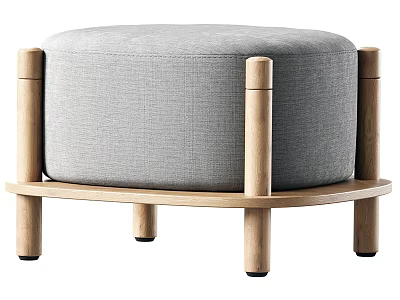 Round Gray Upholstered Sofa Stool With Wooden Legs And Minimalist Design 3d model