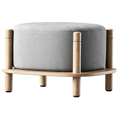 Round Gray Upholstered Sofa Stool With Wooden Legs And Minimalist Design 3d model
