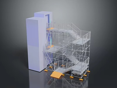 Modern Scene With Light Blue Cube Metal Spiral Staircase Orange Platform And Dark Gray Background 3d model