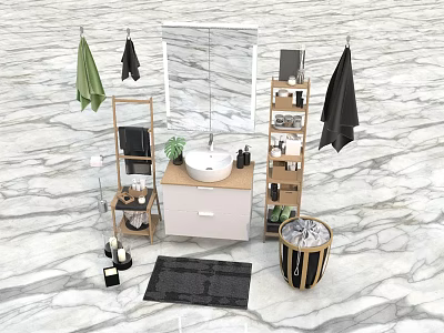 Modern Bathroom Sink Area With Marble Floor Hanging Towels Green Plant And Shelves 3d model