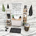 Modern Bathroom Sink Area With Marble Floor Hanging Towels Green Plant And Shelves