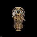 Tech Exhibition Hall Showcasing Golden Buddha Statue With Blue Purple Halos And Flowing Light Effects