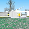 Modern Building Entrance Gate With Waterfront Reflection and Curved Roof Design