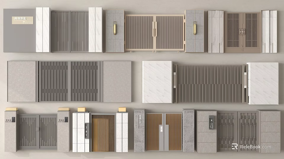 Diverse Modern Entrance Doors With Slatted Paneled And Textured Designs In Various Colors 3d model 