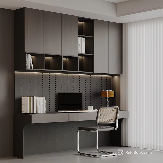 Modern Dark Gray Bookcase With Built in Compartments Desk Laptop Lamp Chair And Perforated Wall 3d model 
