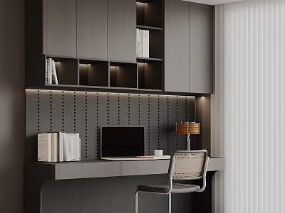 Modern Dark Gray Bookcase With Built in Compartments Desk Laptop Lamp Chair And Perforated Wall 3d model