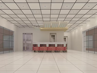 Modern Reception Area Interior With White Floor Grid Ceiling Glass Partitions and Red Chairs 3d model