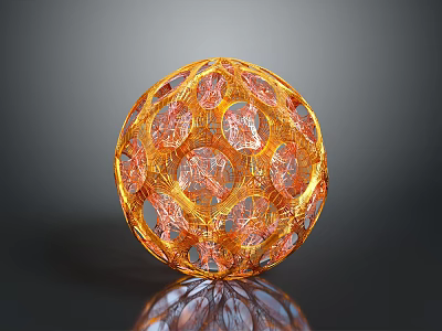 Orange Decorative Hollow Sphere With Intricate Net Like Structure And Shiny Surface 3d model