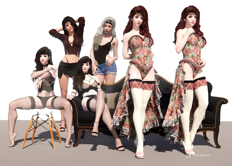 Multiple Women in Various Outfits Posing with Sofa and Chair in Studio 3d model 