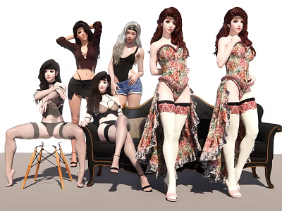 Multiple Women in Various Outfits Posing with Sofa and Chair in Studio 3d model