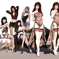 Multiple Women in Various Outfits Posing with Sofa and Chair in Studio
