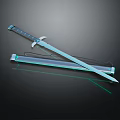 Glowing Sword with Blue Handle and Transparent Blade on Black Background and Reflection Effects