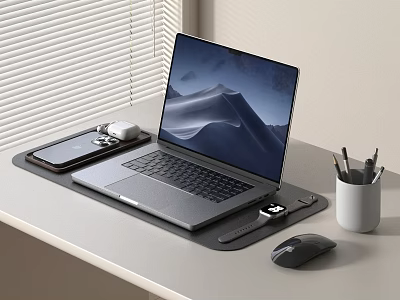 Sleek Laptop Desk Setup With Mouse Phone Smartwatch And Stationery On Pad 3d model
