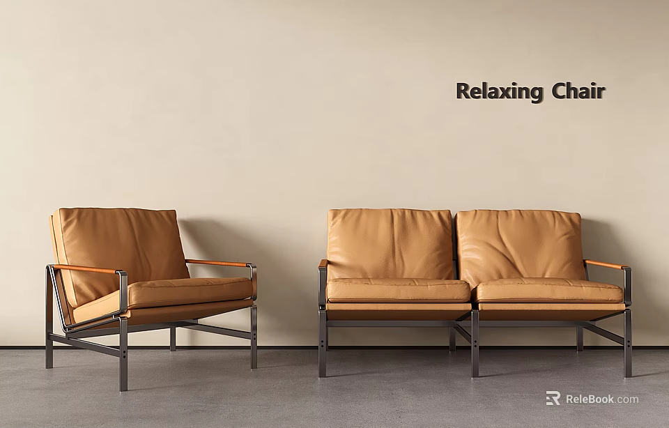 Relaxing Chair Brown Leather With Metal Legs Single And Double Seats Design 3d model 